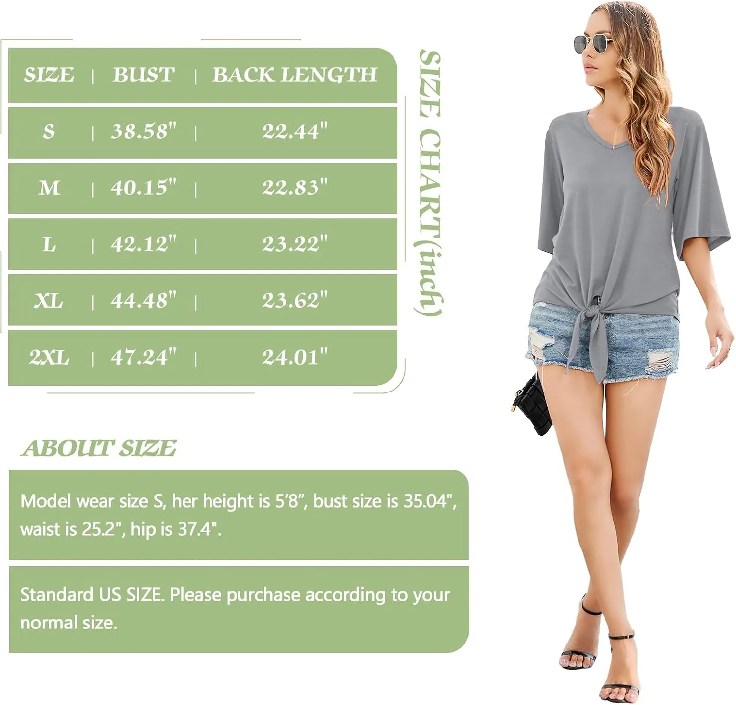 SUEANI Women's Tie Front Tops Summer V Neck 3/4 Bell Sleeve Twist Knot T Shirts