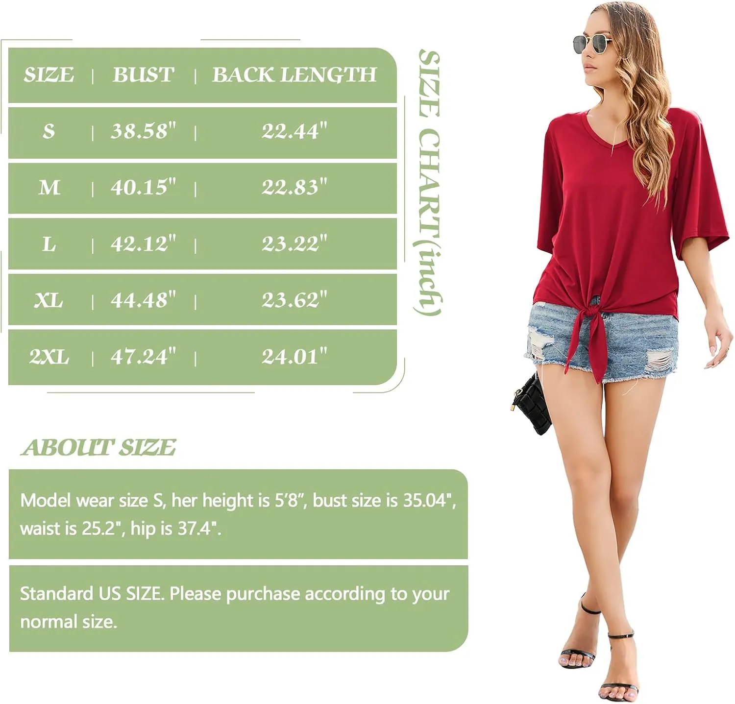 SUEANI Women's Tie Front Tops Summer V Neck 3/4 Bell Sleeve Twist Knot T Shirts