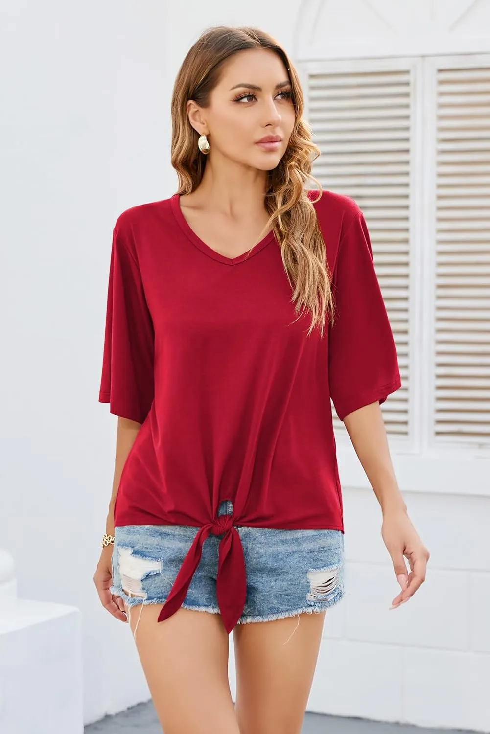 SUEANI Women's Tie Front Tops Summer V Neck 3/4 Bell Sleeve Twist Knot T Shirts