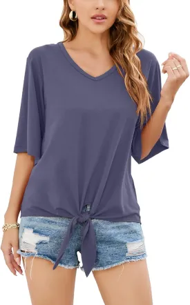 SUEANI Women's Tie Front Tops Summer V Neck 3/4 Bell Sleeve Twist Knot T Shirts