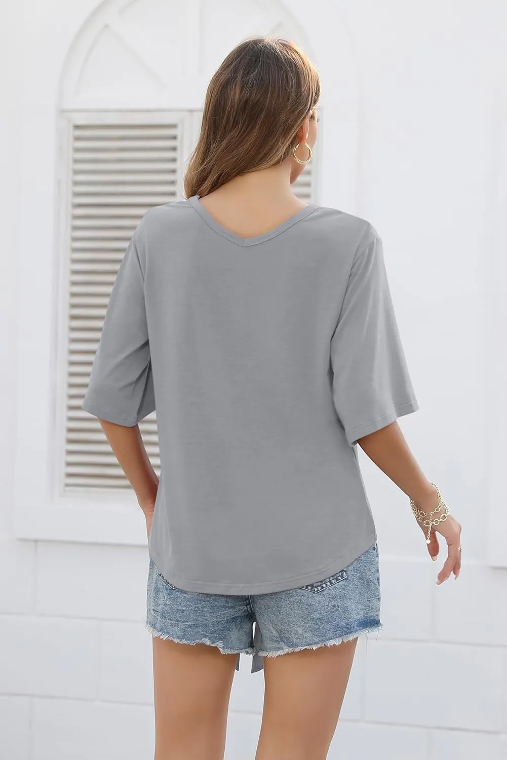 SUEANI Women's Tie Front Tops Summer V Neck 3/4 Bell Sleeve Twist Knot T Shirts