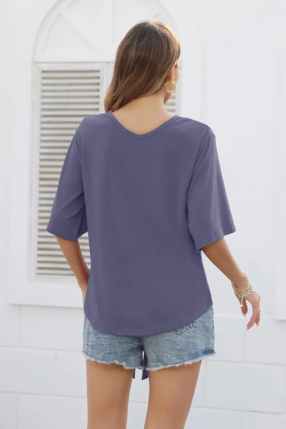 SUEANI Women's Tie Front Tops Summer V Neck 3/4 Bell Sleeve Twist Knot T Shirts