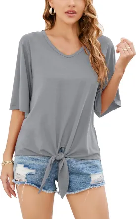 SUEANI Women's Tie Front Tops Summer V Neck 3/4 Bell Sleeve Twist Knot T Shirts
