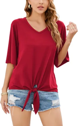 SUEANI Women's Tie Front Tops Summer V Neck 3/4 Bell Sleeve Twist Knot T Shirts