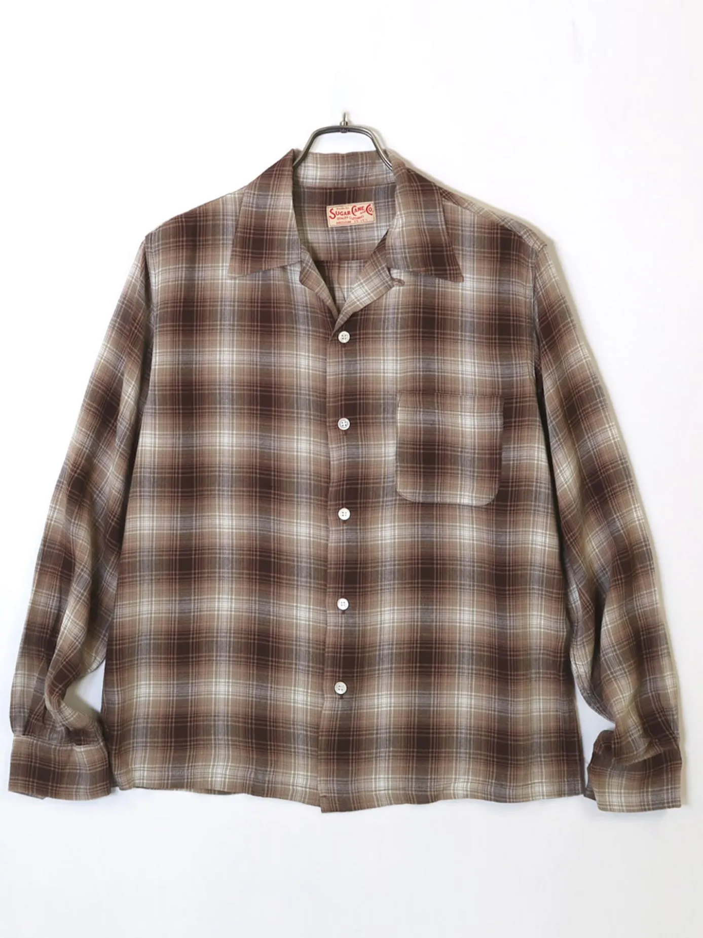 Sugar Cane, L/S Open Shirt, Brown Omble Check