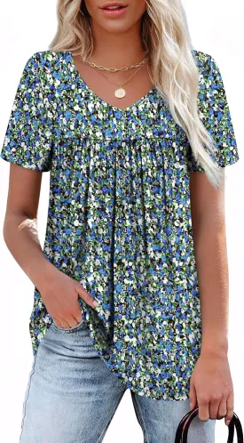 WEESO Womens T Shirts Short Sleeve Pleated Dressy Casual V Neck Summer Tops Blouses