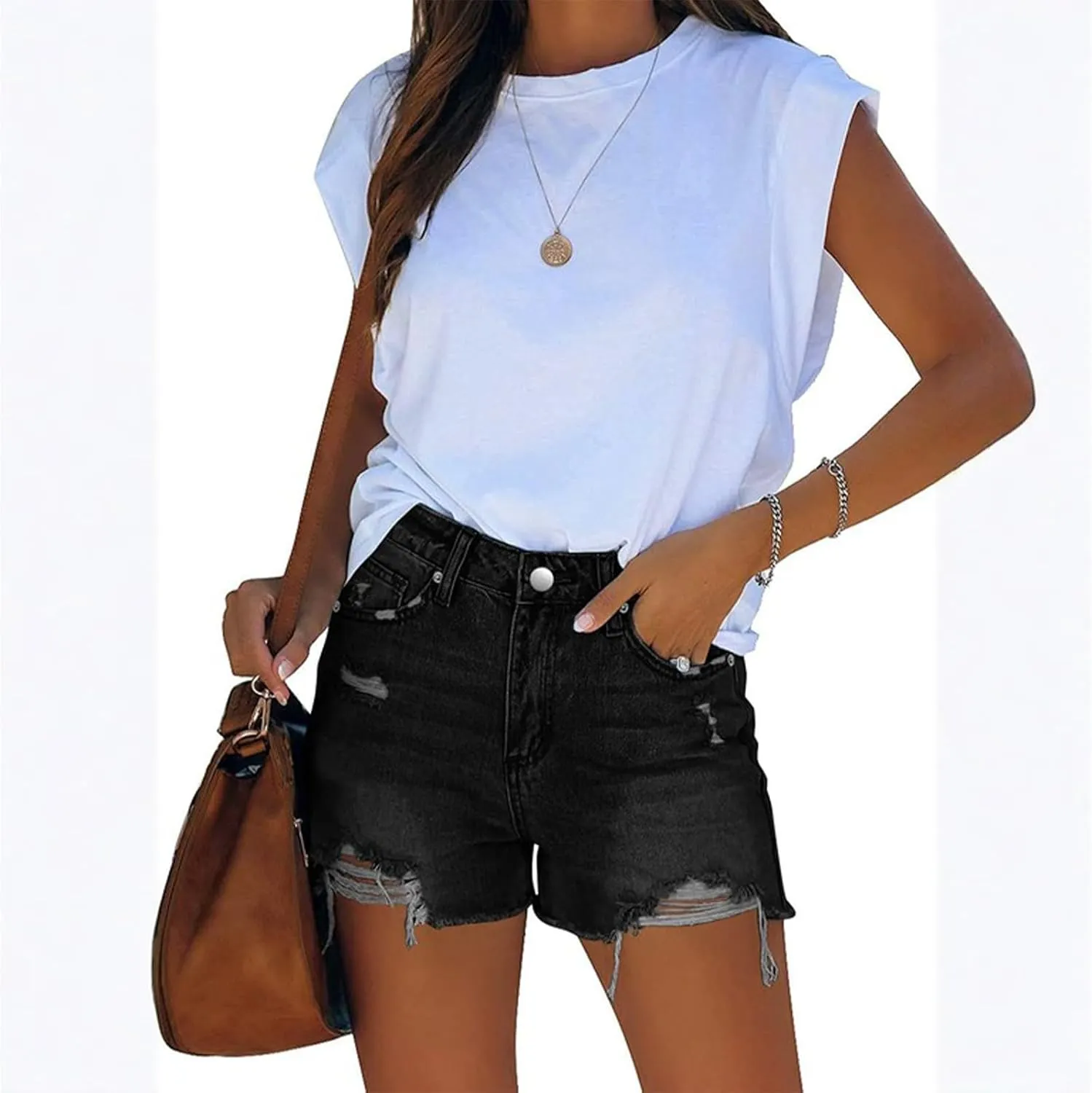 Women Denim Shorts High Waist Cut Off Ripped Jean Shorts with Pockets Stretchy Frayed Raw Hem Distressed Jorts