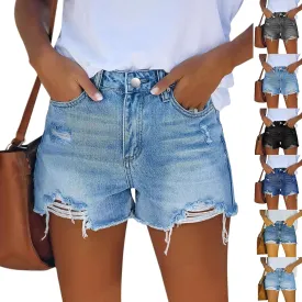 Women Denim Shorts High Waist Cut Off Ripped Jean Shorts with Pockets Stretchy Frayed Raw Hem Distressed Jorts