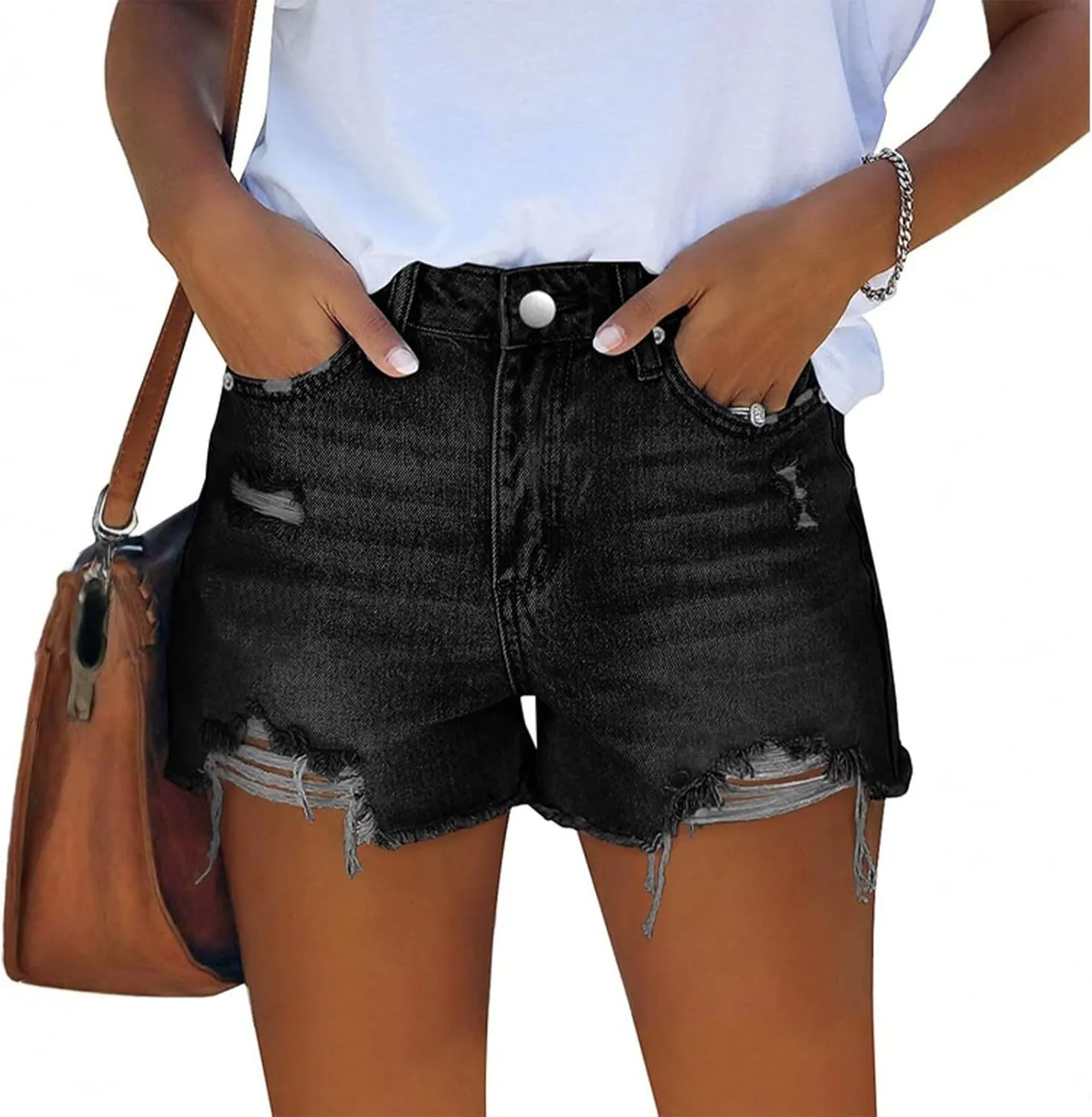 Women Denim Shorts High Waist Cut Off Ripped Jean Shorts with Pockets Stretchy Frayed Raw Hem Distressed Jorts