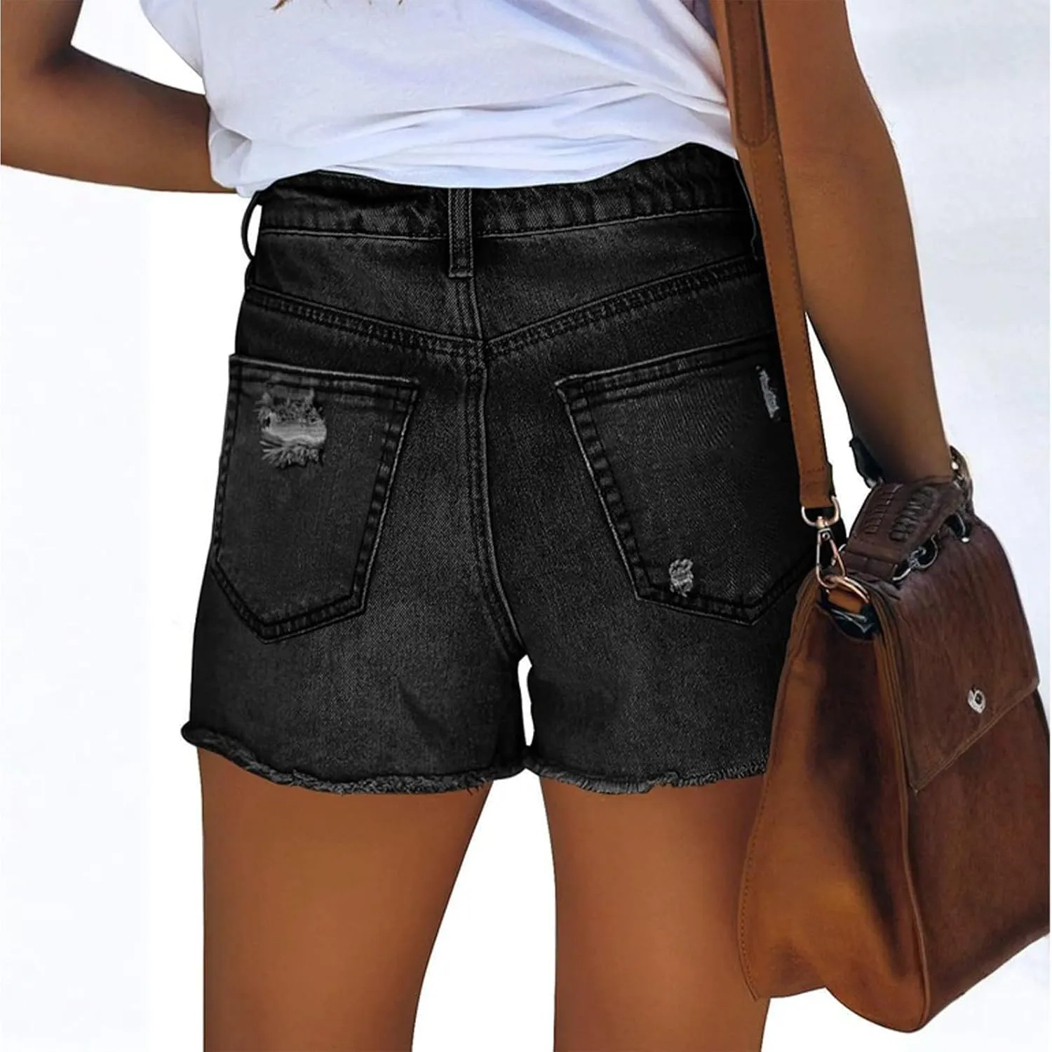 Women Denim Shorts High Waist Cut Off Ripped Jean Shorts with Pockets Stretchy Frayed Raw Hem Distressed Jorts