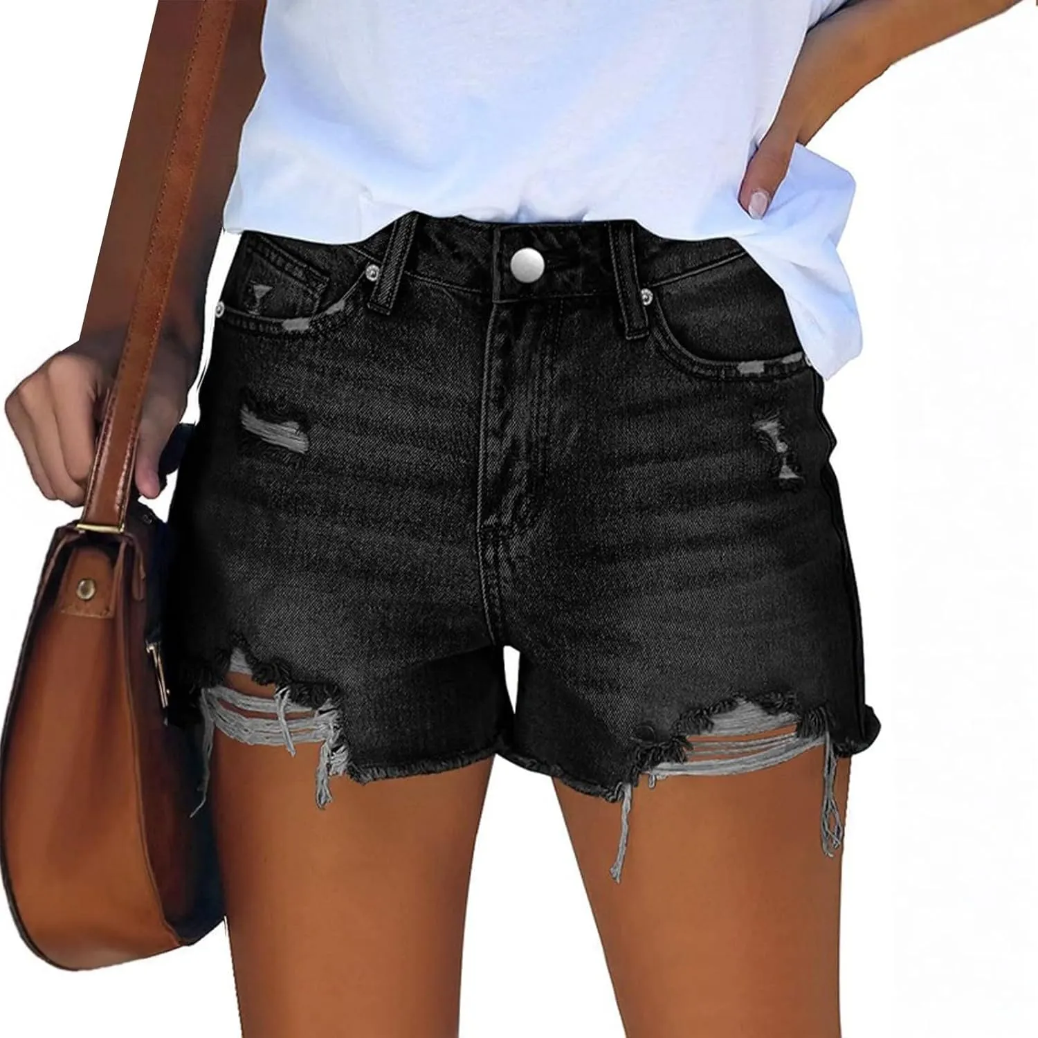 Women Denim Shorts High Waist Cut Off Ripped Jean Shorts with Pockets Stretchy Frayed Raw Hem Distressed Jorts