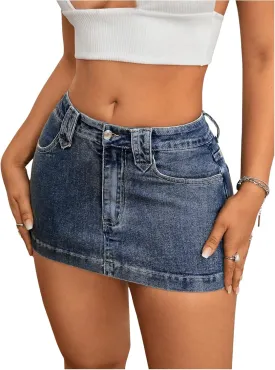 Women's Bodycon Mini Denim Skirts Drop Waist Skinny Vintage Jeans Skirt with Pockets