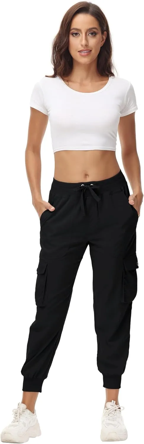 Women's Cargo Hiking Pants Quick Dry Lightweight Elastic Waist Button Pockets Joggers Athletic Sweatpants Travel Casual