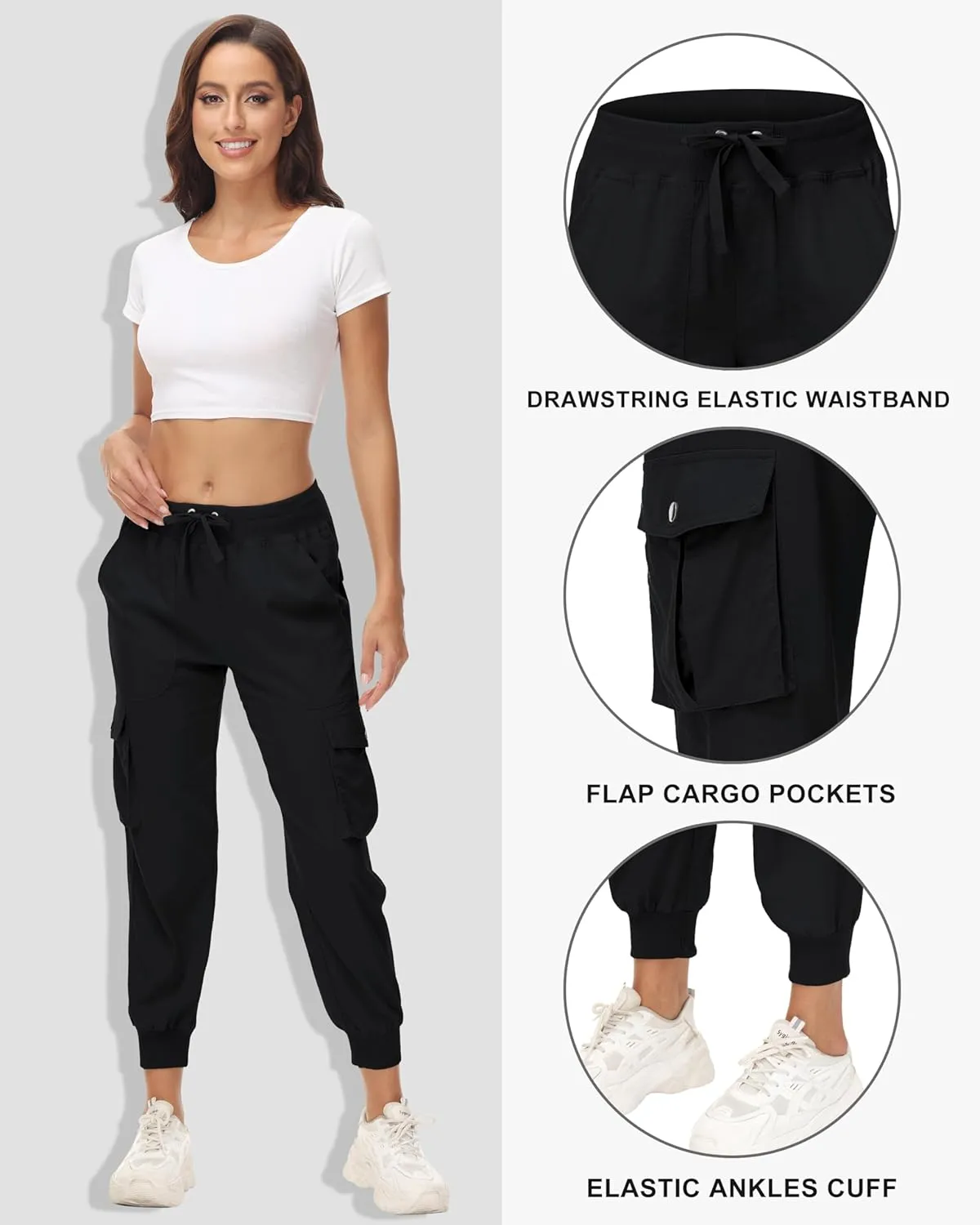 Women's Cargo Hiking Pants Quick Dry Lightweight Elastic Waist Button Pockets Joggers Athletic Sweatpants Travel Casual