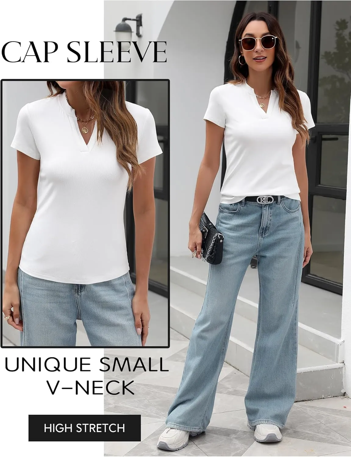 Women's V Neck T-Shirts 2025 Trendy Summer Short Sleeve Casual Tees Slim Fit Basic Tops for Work