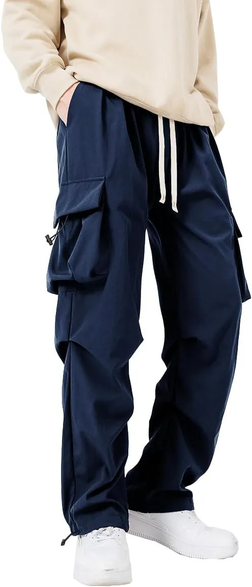 WZIKAI Men's Parachute Cargo Pants Trendy Casual Parachute Pant Baggy Drawstring Hip Hop Harem Pants with Pockets