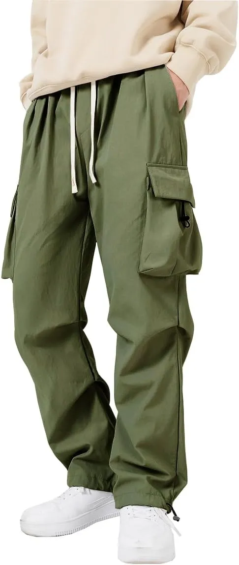 WZIKAI Men's Parachute Cargo Pants Trendy Casual Parachute Pant Baggy Drawstring Hip Hop Harem Pants with Pockets
