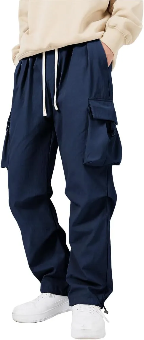 WZIKAI Men's Parachute Cargo Pants Trendy Casual Parachute Pant Baggy Drawstring Hip Hop Harem Pants with Pockets