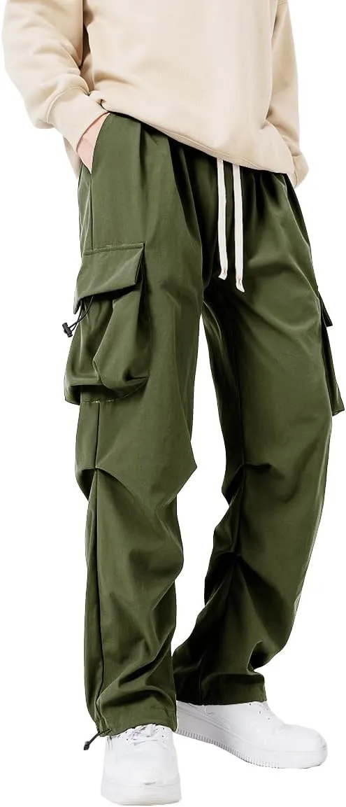 WZIKAI Men's Parachute Cargo Pants Trendy Casual Parachute Pant Baggy Drawstring Hip Hop Harem Pants with Pockets